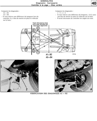 40
GGGGEEEENNNNEEEERRRRAAAALLLLIIIITTTTEEEESSSS
DDDDiiiiaaaaggggnnnnoooossssttttiiiicccc CCCCaaaarrrrrrrroooosssssssseeeerrrriiiieeee
CCCCoooonnnnttttrrrrôôôôlllleeee àààà llllaaaa ppppiiiiggggeeee ---- CCCChhhhoooocccc aaaarrrrrrrriiiièèèèrrrreeee
Comparez les diagonales :
A1 = B2
A3 = B4
- Si vous relevez une différence de longueur lors du
contrôle, il y a lieu de mettre en place le véhicule
sur le banc.
Comparez les diagonales :
1 - 5 = 2 - 6
- Si vous relevez une différence de longueur, il n'y aura
pas lieu de mettre en place le véhicule sur le banc.
- Il serait nécessaire de contrôler les angles de train.
VVVVEEEERRRRIIIIFFFFIIIICCCCAAAATTTTIIIIOOOONNNN DDDDEEEESSSS DDDDIIIIAAAAGGGGOOOONNNNAAAALLLLEEEESSSS AAAA1111 ==== BBBB2222
 