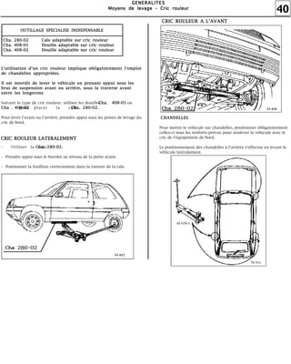 40
GGGGEEEENNNNEEEERRRRAAAALLLLIIIITTTTEEEESSSS
MMMMooooyyyyeeeennnnssss ddddeeee lllleeeevvvvaaaaggggeeee ---- CCCCrrrriiiicccc rrrroooouuuulllleeeeuuuurrrr
Suivant le type de cric rouleur, utiliser les douilles ou
pour placer la cale
Pour lever l'avant ou l'arrière, prendre appui sous les points de levage du
cric de bord.
– Utiliser la cale
– Prendre appui sous le bavolet au niveau de la porte avant.
– Positionner la feuillure correctement dans la rainure de la cale.
LLLL''''uuuuttttiiiilllliiiissssaaaattttiiiioooonnnn dddd''''uuuunnnn ccccrrrriiiicccc rrrroooouuuulllleeeeuuuurrrr iiiimmmmpppplllliiiiqqqquuuueeee oooobbbblllliiiiggggaaaattttooooiiiirrrreeeemmmmeeeennnntttt llll''''eeeemmmmppppllllooooiiii
ddddeeee cccchhhhaaaannnnddddeeeelllllllleeeessss aaaapppppppprrrroooopppprrrriiiiééééeeeessss....
IIIIllll eeeesssstttt iiiinnnntttteeeerrrrddddiiiitttt ddddeeee lllleeeevvvveeeerrrr lllleeee vvvvééééhhhhiiiiccccuuuulllleeee eeeennnn pppprrrreeeennnnaaaannnntttt aaaappppppppuuuuiiii ssssoooouuuussss lllleeeessss
bbbbrrrraaaassss ddddeeee ssssuuuussssppppeeeennnnssssiiiioooonnnn aaaavvvvaaaannnntttt oooouuuu aaaarrrrrrrriiiièèèèrrrreeee,,,, ssssoooouuuussss llllaaaa ttttrrrraaaavvvveeeerrrrsssseeee aaaavvvvaaaannnntttt
eeeennnnttttrrrreeee lllleeeessss lllloooonnnnggggeeeerrrroooonnnnssss
CCCChhhhaaaa.... 444400008888----00001111
CCCChhhhaaaa .... 444400008888----00002222 CCCChhhhaaaa.... 222288880000----00002222....
CCCCRRRRIIIICCCC RRRROOOOUUUULLLLEEEEUUUURRRR LLLLAAAATTTTEEEERRRRAAAALLLLEEEEMMMMEEEENNNNTTTT
CCCChhhhaaaa.... 222288880000----00002222....
CCCCRRRRIIIICCCC RRRROOOOUUUULLLLEEEEUUUURRRR AAAA LLLL''''AAAAVVVVAAAANNNNTTTT
Pour mettre le véhicule sur chandelles, positionner obligatoirement
celles-ci sous les renforts prévus pour soulever le véhicule avec le
cric de l'équipement de bord.
Le positionnement des chandelles à l'arrière s'effectue en levant le
véhicule latéralement.
CCCCHHHHAAAANNNNDDDDEEEELLLLLLLLEEEESSSS
OOOOUUUUTTTTIIIILLLLLLLLAAAAGGGGEEEE SSSSPPPPEEEECCCCIIIIAAAALLLLIIIISSSSEEEE IIIINNNNDDDDIIIISSSSPPPPEEEENNNNSSSSAAAABBBBLLLLEEEE
CCCChhhhaaaa.... 222288880000----00002222 CCCCaaaalllleeee aaaaddddaaaappppttttaaaabbbblllleeee ssssuuuurrrr ccccrrrriiiicccc rrrroooouuuulllleeeeuuuurrrr
CCCChhhhaaaa.... 444400008888----00001111 DDDDoooouuuuiiiilllllllleeee aaaaddddaaaappppttttaaaabbbblllleeee ssssuuuurrrr ccccrrrriiiicccc rrrroooouuuulllleeeeuuuurrrr
CCCChhhhaaaa.... 444400008888----00002222 DDDDoooouuuuiiiilllllllleeee aaaaddddaaaappppttttaaaabbbblllleeee ssssuuuurrrr ccccrrrriiiicccc rrrroooouuuulllleeeeuuuurrrr
 