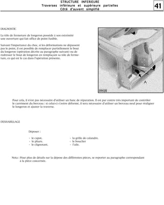41
SSSSTTTTRRRRUUUUCCCCTTTTUUUURRRREEEE IIIINNNNFFFFEEEERRRRIIIIEEEEUUUURRRREEEE
TTTTrrrraaaavvvveeeerrrrsssseeeessss iiiinnnnfffféééérrrriiiieeeeuuuurrrreeee eeeetttt ssssuuuuppppéééérrrriiiieeeeuuuurrrreeee ppppaaaarrrrttttiiiieeeelllllllleeeessss
CCCCôôôôttttéééé dddd''''aaaauuuuvvvveeeennnntttt ssssiiiimmmmpppplllliiiiffffiiiiéééé
DIAGNOSTIC
La tôle de fermeture de longeron possède à son extrémité
une ouverture qui fait office de point fusible.
Suivant l'importance du choc, si les déformations ne dépassent
pas le point, il est possible de remplacer partiellement le bout
du longeron (opération décrite au paragraphe suivant) ou de
redresser le bout de longeron en remplaçant sa tôle de ferme-
ture, ce qui est le cas dans l'opération présente.
Pour cela, il n'est pas nécessaire d'utiliser un banc de réparation. Il est par contre très important de contrôler
le carrément du berceau : si celui-ci s'avère déformé, il sera nécessaire d'utiliser un berceau neuf pour réaligner
le longeron et ajuster la traverse.
DESHABILLAGE
Déposer :
- le capot. - la grille de calandre.
- le phare. - le bouclier
- le clignotant. - l'aile.
Nota : Pour plus de détails sur la dépose des différentes pièces, se reporter au paragraphe correspondant
à la pièce concernée.
 