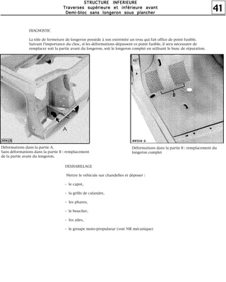 41
SSSSTTTTRRRRUUUUCCCCTTTTUUUURRRREEEE IIIINNNNFFFFEEEERRRRIIIIEEEEUUUURRRREEEE
TTTTrrrraaaavvvveeeerrrrsssseeeessss ssssuuuuppppéééérrrriiiieeeeuuuurrrreeee eeeetttt iiiinnnnfffféééérrrriiiieeeeuuuurrrreeee aaaavvvvaaaannnntttt
DDDDeeeemmmmiiii----bbbblllloooocccc ssssaaaannnnssss lllloooonnnnggggeeeerrrroooonnnn ssssoooouuuussss ppppllllaaaannnncccchhhheeeerrrr
DIAGNOSTIC
La tôle de fermeture de longeron possède à son extrémité un trou qui fait office de point fusible.
Suivant l'importance du choc, si les déformations dépassent ce point fusible, il sera nécessaire de
remplacer soit la partie avant du longeron, soit le longeron complet en utilisant le banc de réparation.
Déformations dans la partie A.
Sans déformations dans la partie B : remplacement
de la partie avant du longeron.
Déformations dans la partie B : remplacement du
longeron complet
DESHABILLAGE
Mettre le véhicule sur chandelles et déposer :
- le capot,
- la grille de calandre,
- les phares,
- le bouclier,
- les ailes,
- le groupe moto-propulseur (voir MR mécanique)
 