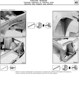 41
SSSSTTTTRRRRUUUUCCCCTTTTUUUURRRREEEE IIIINNNNFFFFEEEERRRRIIIIEEEEUUUURRRREEEE
TTTTrrrraaaavvvveeeerrrrsssseeeessss ssssuuuuppppéééérrrriiiieeeeuuuurrrreeee eeeetttt iiiinnnnfffféééérrrriiiieeeeuuuurrrreeee aaaavvvvaaaannnntttt
DDDDeeeemmmmiiii----bbbblllloooocccc ssssaaaannnnssss lllloooonnnnggggeeeerrrroooonnnn ssssoooouuuussss ppppllllaaaannnncccchhhheeeerrrr
DECOUPAGE - DEGRAFAGE
- Déposer la partie endommagée en respectant les consignes des schémas. (voir légende des vignettes) .
- Araser les parties de point de soudure dégrafé restant sur les tôles support.
 