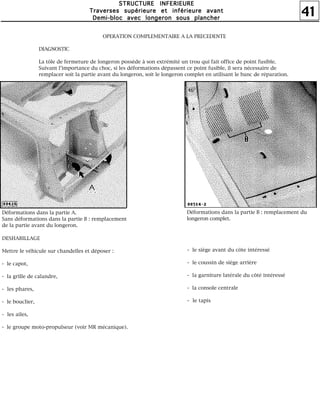 41
SSSSTTTTRRRRUUUUCCCCTTTTUUUURRRREEEE IIIINNNNFFFFEEEERRRRIIIIEEEEUUUURRRREEEE
TTTTrrrraaaavvvveeeerrrrsssseeeessss ssssuuuuppppéééérrrriiiieeeeuuuurrrreeee eeeetttt iiiinnnnfffféééérrrriiiieeeeuuuurrrreeee aaaavvvvaaaannnntttt
DDDDeeeemmmmiiii----bbbblllloooocccc aaaavvvveeeecccc lllloooonnnnggggeeeerrrroooonnnn ssssoooouuuussss ppppllllaaaannnncccchhhheeeerrrr
OPERATION COMPLEMENTAIRE A LA PRECEDENTE
DIAGNOSTIC
La tôle de fermeture de longeron possède à son extrémité un trou qui fait office de point fusible.
Suivant l'importance du choc, si les déformations dépassent ce point fusible, il sera nécessaire de
remplacer soit la partie avant du longeron, soit le longeron complet en utilisant le banc de réparation.
Déformations dans la partie A.
Sans déformations dans la partie B : remplacement
de la partie avant du longeron.
Déformations dans la partie B : remplacement du
longeron complet.
- le siège avant du côte intéressé
- le coussin de siège arrière
- la garniture latérale du côté intéressé
- la console centrale
- le tapis
DESHABILLAGE
Mettre le véhicule sur chandelles et déposer :
- le capot,
- la grille de calandre,
- les phares,
- le bouclier,
- les ailes,
- le groupe moto-propulseur (voir MR mécanique).
 