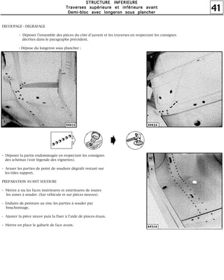 41
SSSSTTTTRRRRUUUUCCCCTTTTUUUURRRREEEE IIIINNNNFFFFEEEERRRRIIIIEEEEUUUURRRREEEE
TTTTrrrraaaavvvveeeerrrrsssseeeessss ssssuuuuppppéééérrrriiiieeeeuuuurrrreeee eeeetttt iiiinnnnfffféééérrrriiiieeeeuuuurrrreeee aaaavvvvaaaannnntttt
DDDDeeeemmmmiiii----bbbblllloooocccc aaaavvvveeeecccc lllloooonnnnggggeeeerrrroooonnnn ssssoooouuuussss ppppllllaaaannnncccchhhheeeerrrr
DECOUPAGE - DEGRAFAGE
- Déposer l'ensemble des pièces du côté d'auvent et les traverses en respectant les consignes
décrites dans le paragraphe précédent.
- Dépose du longeron sous plancher :
- Déposer la partie endommagée en respectant les consignes
des schémas (voir légende des vignettes).
- Araser les parties de point de soudure dégrafé restant sur
les tôles support.
PREPARATION AVANT SOUDURE
- Mettre à nu les faces intérieures et extérieures de toutes
les zones à souder. (Sur véhicule et sur pièces neuves).
- Enduire de peinture au zinc les parties à souder par
bouchonnage.
- Ajuster la pièce neuve puis la fixer à l'aide de pinces étaux.
- Mettre en place le gabarit de face avant.
 