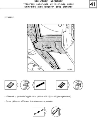 41
SSSSTTTTRRRRUUUUCCCCTTTTUUUURRRREEEE IIIINNNNFFFFEEEERRRRIIIIEEEEUUUURRRREEEE
TTTTrrrraaaavvvveeeerrrrsssseeeessss ssssuuuuppppéééérrrriiiieeeeuuuurrrreeee eeeetttt iiiinnnnfffféééérrrriiiieeeeuuuurrrreeee aaaavvvvaaaannnntttt
DDDDeeeemmmmiiii----bbbblllloooocccc aaaavvvveeeecccc lllloooonnnnggggeeeerrrroooonnnn ssssoooouuuussss ppppllllaaaannnncccchhhheeeerrrr
PEINTURE
- Effectuer la gamme d'application peinture N°5 (voir chapitre peinture).
- Avant peinture, effectuer le traitement corps creux
 