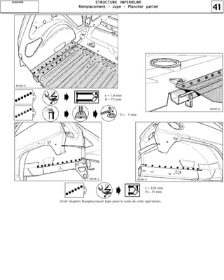 41
SSSSTTTTRRRRUUUUCCCCTTTTUUUURRRREEEE IIIINNNNFFFFEEEERRRRIIIIEEEEUUUURRRREEEE
RRRReeeemmmmppppllllaaaacccceeeemmmmeeeennnntttt ---- JJJJuuuuppppeeee ---- PPPPllllaaaannnncccchhhheeeerrrr ppppaaaarrrrttttiiiieeeellll
SSSSOOOOUUUUDDDDUUUURRRREEEE
(Voir chapitre Remplacement Jupe pour la suite de cette opération).
e = 1,4 mm
H = 75 mm
D = 5 mm
e = 104 mm
H = 35 mm
 