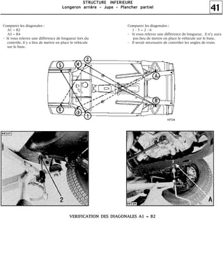 41
SSSSTTTTRRRRUUUUCCCCTTTTUUUURRRREEEE IIIINNNNFFFFEEEERRRRIIIIEEEEUUUURRRREEEE
LLLLoooonnnnggggeeeerrrroooonnnn aaaarrrrrrrriiiièèèèrrrreeee ---- JJJJuuuuppppeeee ---- PPPPllllaaaannnncccchhhheeeerrrr ppppaaaarrrrttttiiiieeeellll
Comparez les diagonales :
A1 = B2
A3 = B4
- Si vous relevez une différence de longueur lors du
contrôle, il y a lieu de mettre en place le véhicule
sur le banc.
Comparez les diagonales :
1 - 5 = 2 - 6
- Si vous relevez une différence de longueur, il n'y aura
pas lieu de mettre en place le véhicule sur le banc.
- Il serait nécessaire de contrôler les angles de train.
VVVVEEEERRRRIIIIFFFFIIIICCCCAAAATTTTIIIIOOOONNNN DDDDEEEESSSS DDDDIIIIAAAAGGGGOOOONNNNAAAALLLLEEEESSSS AAAA1111 ==== BBBB2222
 