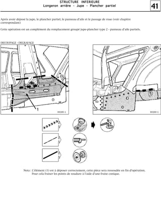 41
SSSSTTTTRRRRUUUUCCCCTTTTUUUURRRREEEE IIIINNNNFFFFEEEERRRRIIIIEEEEUUUURRRREEEE
LLLLoooonnnnggggeeeerrrroooonnnn aaaarrrrrrrriiiièèèèrrrreeee ---- JJJJuuuuppppeeee ---- PPPPllllaaaannnncccchhhheeeerrrr ppppaaaarrrrttttiiiieeeellll
Après avoir déposé la jupe, le plancher partiel, le panneau d'aile et le passage de roue (voir chapitre
correspondant)
Cette opération est un complément du remplacement groupé jupe-plancher type 2 - panneau d'aile partiels.
DECOUPAGE - DEGRAFAGE
Nota : L'élément (1) est à déposer correctement, cette pièce sera ressoudée en fin d'opération.
Pour cela fraiser les points de soudure à l'aide d'une fraise conique.
 