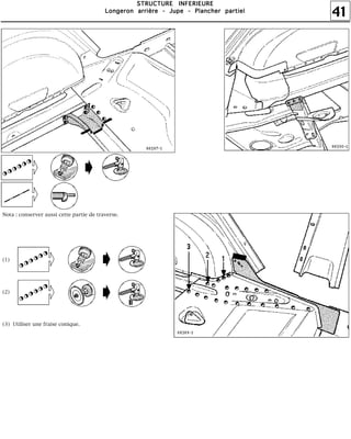 41
SSSSTTTTRRRRUUUUCCCCTTTTUUUURRRREEEE IIIINNNNFFFFEEEERRRRIIIIEEEEUUUURRRREEEE
LLLLoooonnnnggggeeeerrrroooonnnn aaaarrrrrrrriiiièèèèrrrreeee ---- JJJJuuuuppppeeee ---- PPPPllllaaaannnncccchhhheeeerrrr ppppaaaarrrrttttiiiieeeellll
Nota : conserver aussi cette partie de traverse.
(1)
(2)
(3) Utiliser une fraise conique.
 