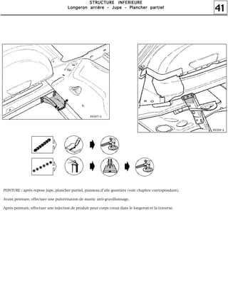 41
SSSSTTTTRRRRUUUUCCCCTTTTUUUURRRREEEE IIIINNNNFFFFEEEERRRRIIIIEEEEUUUURRRREEEE
LLLLoooonnnnggggeeeerrrroooonnnn aaaarrrrrrrriiiièèèèrrrreeee ---- JJJJuuuuppppeeee ---- PPPPllllaaaannnncccchhhheeeerrrr ppppaaaarrrrttttiiiieeeellll
PEINTURE : après repose jupe, plancher partiel, panneau d'aile gouttière (voir chapitre correspondant).
Avant peinture, effectuer une pulvérisation de mastic anti-gravillonnage.
Après peinture, effectuer une injection de produit pour corps creux dans le longeron et la traverse.
 