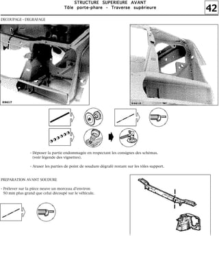 42
SSSSTTTTRRRRUUUUCCCCTTTTUUUURRRREEEE SSSSUUUUPPPPEEEERRRRIIIIEEEEUUUURRRREEEE AAAAVVVVAAAANNNNTTTT
TTTTôôôôlllleeee ppppoooorrrrtttteeee----pppphhhhaaaarrrreeee ---- TTTTrrrraaaavvvveeeerrrrsssseeee ssssuuuuppppéééérrrriiiieeeeuuuurrrreeee
DECOUPAGE - DEGRAFAGE
- Déposer la partie endommagée en respectant les consignes des schémas.
(voir légende des vignettes).
- Araser les parties de point de soudure dégrafé restant sur les tôles support.
PREPARATION AVANT SOUDURE
- Prélever sur la pièce neuve un morceau d'environ
50 mm plus grand que celui découpé sur le véhicule.
 