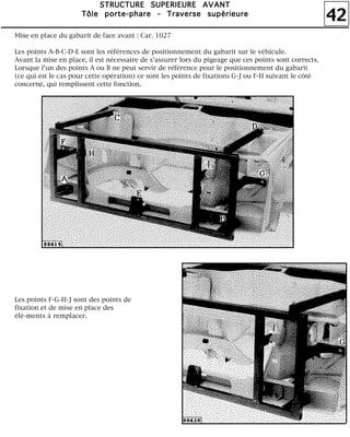 42
SSSSTTTTRRRRUUUUCCCCTTTTUUUURRRREEEE SSSSUUUUPPPPEEEERRRRIIIIEEEEUUUURRRREEEE AAAAVVVVAAAANNNNTTTT
TTTTôôôôlllleeee ppppoooorrrrtttteeee----pppphhhhaaaarrrreeee ---- TTTTrrrraaaavvvveeeerrrrsssseeee ssssuuuuppppéééérrrriiiieeeeuuuurrrreeee
Mise en place du gabarit de face avant : Car. 1027
Les points A-B-C-D-E sont les références de positionnement du gabarit sur le véhicule.
Avant la mise en place, il est nécessaire de s'assurer lors du pigeage que ces points sont corrects.
Lorsque l'un des points A ou B ne peut servir de référence pour le positionnement du gabarit
(ce qui est le cas pour cette opération) ce sont les points de fixations G-J ou F-H suivant le côté
concerné, qui remplissent cette fonction.
Les points F-G-H-J sont des points de
fixation et de mise en place des
élé-ments à remplacer.
 