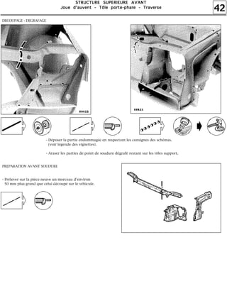 42
SSSSTTTTRRRRUUUUCCCCTTTTUUUURRRREEEE SSSSUUUUPPPPEEEERRRRIIIIEEEEUUUURRRREEEE AAAAVVVVAAAANNNNTTTT
JJJJoooouuuueeee dddd''''aaaauuuuvvvveeeennnntttt ---- TTTTôôôôlllleeee ppppoooorrrrtttteeee----pppphhhhaaaarrrreeee ---- TTTTrrrraaaavvvveeeerrrrsssseeee
DECOUPAGE - DEGRAFAGE
- Déposer la partie endommagée en respectant les consignes des schémas.
(voir légende des vignettes).
- Araser les parties de point de soudure dégrafé restant sur les tôles support.
PREPARATION AVANT SOUDURE
- Prélever sur la pièce neuve un morceau d'environ
50 mm plus grand que celui découpé sur le véhicule.
 