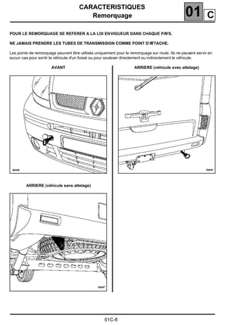 CARACTERISTIQUES
Remorquage 01
01C-8
Remorquage
POUR LE REMORQUAGE SE REFERER A LA LOI ENVIGUEUR DANS CHAQUE PAYS.
NE JAMAIS PRENDRE LES TUBES DE TRANSMISSION COMME POINT D'ATTACHE.
Les points de remorquage peuvent être utilisés uniquement pour le remorquage sur route. Ils ne peuvent servir en
aucun cas pour sortir le véhicule d'un fossé ou pour soulever directement ou indirectement le véhicule.
AVANT
ARRIERE (véhicule sans attelage)
ARRIERE (véhicule avec attelage)
C
 