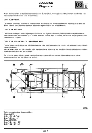 COLLISION
Diagnostic 03103COLLISION
Diagnostic
Avant d'entreprendre la réparation de la carrosserie d'une voiture, même paraissant légèrement accidentée, il est
nécessaire d'effectuer une série de contrôles :
CONTROLEVISUEL
Ce contrôle consiste à examiner le soubassement du véhicule aux abords des ﬁxations mécaniques et dans les
zones fusibles ou vulnérables de façon à détecter la présence de plis de déformation.
CONTROLE A LA PIGE
Le contrôle visuel peut être complété par un contrôle à la pige qui permettra par comparaisons symétriques de
mesurer certaines déformations (pour plus de détail sur chaque point à contrôler, se reporter au paragraphe "banc
de réparation" ci-après).
CONTROLE DES ANGLES DE TRAINS ROULANTS
C'est le seul contrôle qui permet de déterminer si le choc subit par le véhicule a ou n'a pas affecté le comportement
routier de celui-ci.
IMPORTANT : il ne faut pas négliger, dans les cas litigieux, le contrôle des éléments de train roulant qui pourraient
également avoir subi des déformations.
Par principe, aucun élément soudé constitutif de la coque ne doit être remplacé sans s'être assuré que le
soubassement n'a pas été affecté par le choc.
Ordre chronologique des contrôles :
Choc AVANT :
1 : B1 - A1' = B1' - A1
2 : A1' - H = A1 - H'
Choc ARRIERE :
1 : A1' - B1 = A1 - B1'
2 : B1' - L2 = B1 - L2'
40PR04
03B-1
B
 