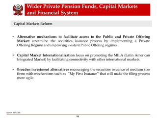 Wider Private Pension Funds, Capital Markets
and Financial System
Source: SMV, SBS
16
• Alternative mechanisms to facilitate access to the Public and Private Offering
Market: streamline the securities issuance process by implementing a Private
Offering Regime and improving existent Public Offering regimes.
• Capital Market Internationalization focus on promoting the MILA (Latin American
Integrated Market) by facilitating connectivity with other international markets.
• Broaden investment alternatives encouraging the securities issuance of medium size
firms with mechanisms such as “My First Issuance” that will make the filing process
more agile.
Capital Markets Reform
 