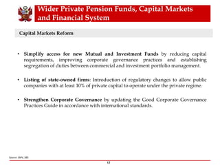 Wider Private Pension Funds, Capital Markets
and Financial System
Source: SMV, SBS
17
• Simplify access for new Mutual and Investment Funds by reducing capital
requirements, improving corporate governance practices and establishing
segregation of duties between commercial and investment portfolio management.
• Listing of state-owned firms: Introduction of regulatory changes to allow public
companies with at least 10% of private capital to operate under the private regime.
• Strengthen Corporate Governance by updating the Good Corporate Governance
Practices Guide in accordance with international standards.
Capital Markets Reform
 