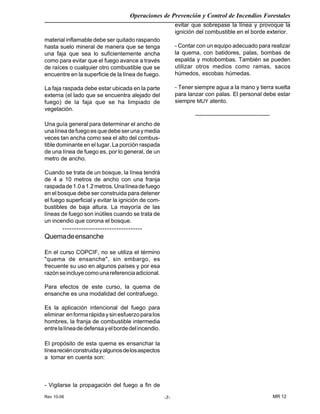 Rev 10-06
Operaciones de Prevención y Control de Incendios Forestales
MR 12-7-
material inflamable debe ser quitado raspando
hasta suelo mineral de manera que se tenga
una faja que sea lo suficientemente ancha
como para evitar que el fuego avance a través
de raíces o cualquier otro combustible que se
encuentre en la superficie de la línea de fuego.
La faja raspada debe estar ubicada en la parte
externa (el lado que se encuentra alejado del
fuego) de la faja que se ha limpiado de
vegetación.
Una guía general para determinar el ancho de
unalíneadefuegoesquedebeserunaymedia
veces tan ancha como sea el alto del combus-
tible dominante en el lugar. La porción raspada
de una línea de fuego es, por lo general, de un
metro de ancho.
Cuando se trata de un bosque, la línea tendrá
de 4 a 10 metros de ancho con una franja
raspadade1.0a1.2metros.Unalíneadefuego
en el bosque debe ser construida para detener
el fuego superficial y evitar la ignición de com-
bustibles de baja altura. La mayoría de las
líneas de fuego son inútiles cuando se trata de
un incendio que corona el bosque.
----------------------------------
Quemadeensanche
En el curso COPCIF, no se utiliza el término
"quema de ensanche", sin embargo, es
frecuente su uso en algunos países y por esa
razónseincluyecomounareferenciaadicional.
Para efectos de este curso, la quema de
ensanche es una modalidad del contrafuego.
Es la aplicación intencional del fuego para
eliminar enformarápidaysinesfuerzoparalos
hombres, la franja de combustible intermedia
entrelalíneadedefensayelbordedelincendio.
El propósito de esta quema es ensanchar la
líneareciénconstruidayalgunosdelosaspectos
a tomar en cuenta son:
- Vigilarse la propagación del fuego a fin de
evitar que sobrepase la línea y provoque la
ignición del combustible en el borde exterior.
- Contar con un equipo adecuado para realizar
la quema, con batidores, palas, bombas de
espalda y motobombas. También se pueden
utilizar otros medios como ramas, sacos
húmedos, escobas húmedas.
- Tener siempre agua a la mano y tierra suelta
para lanzar con palas. El personal debe estar
siempre MUY atento.
--------------------------------------
 