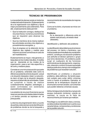 Operaciones de Prevención y Control de Incendios Forestales
Rev 10-06 1 MR 14
TECNICAS DE PROGRAMACION
La necesidad de planear existe en todos los
nivelesdelaadministración.Elplaneamiento
da a la organización sus objetivos y fija el
mejor procedimiento para obtenerlos. Para
ello, el planeamiento debe permitir :
• Que la institución consiga y dedique los
recursosfísicos,humanosyeconómicos
que se requieren para alcanzar los
objetivos.
• Que los miembros de la misma realicen
las actividades acordes a los objetivos y
procedimientos escogidos, y
• Que el progreso en la obtención de los
objetivos sea vigilado y medido para
imponer acciones correctivas en caso de
ser insatisfactorio.
El planeamiento es mayor, más general y a
largoplazoenlosnivelesmásaltos.Amedida
que se desciende en los niveles de la
organización, pasa a ser más específico y
de corto y mediano plazo.
Consisteenunaminuciosaacciónqueparte
de un problema, entendido éste como la
diferenciaexistenteentrelasituación actual
y la situación deseada o ideal. La solución,
es decir el logro de la situación deseada,
requiere el desarrollo de actividades. Estas
se cumplirán a través de medios
cuidadosamente elegidos (estrategia) y
serán controladas con estándares
especialmente elaborados.
Los estados de recursos financieros que se
reservanparalasactividadesdeterminadas
y el tiempo previsto se expresan en el
presupuesto.
La técnica de programación tiene un punto
departidayéstesiempreeslaidentificación
de problemas donde se da la búsqueda y
reconocimientodenecesidadesdemejoras
o cambios.
Como se ha dicho, el proceso se inicia con
unprobema.
Problema
Es la desviación o diferencia entre el
estado real (actual) y el estado ideal
(deseado).
Identificación y definición del problema
Laidentificacióndelproblemaeselcomienzo
del proceso. Un hecho o fenómeno, que
inclusopuedeserelresultadodeunadecisión
anterior, constituye una situación problema
que perturba al decisor (persona o grupo
que toma decisiones). El problema puede
surgir en cualquiera de las funciones
administrativasdeplaneamiento,organiza-
ción,direcciónocontrol.Esbuenoqueeljefe
dediquepartedesutiempoalainvestigación
de problemas que necesitan solución.
Identificado un problema o situación
problema, debe definirse. Se tendrá espe-
cial cuidado para evitar definir síntomas
como si fueran el problema. Ejemplos: el
aumento de la temperatura corporal por
encimadelonormaloeldolor,sonsíntomas
que pueden deberse a diversas causas.
Atribuirlabajaproductividaddeungrupoala
escasa motivación (síntoma), cuando en
realidad, la causa es la falta de
reconocimiento por la tarea que realizan.
Para llegar a una definición clara y concisa,
sedebeanalizarelproblemaencuantoasus
características,componentesycondiciones
de la posible solución.
 