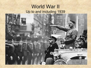 World War II Up to and including 1939 Treaty of Versailles  Punishes Germany with reparations, extreme poverty causes resentment to Great Britain and France.  Opens the door for a radical leader.  Hitler = totalitarian. Uses Jews as scapegoat for all of Germany’s woes.  Social Democrats in power prior to Hitler composed of many Jews, and blamed for Germany’s conditions. 