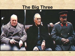 The Big Three In February of 1945, the Great Britain’s Winston Churchill, Soviet Union’s Josef Stalin, and FDR met at Yalta to discuss the war and possible post-war measures.  Stalin, claiming the largest casualties of the war were Soviet, cleverly requested the lion’s share.  The Soviet leader demanded Poland, and half of all German reparations and promised to declare war on Japan, and join the newly formed United Nations.  In return for these promises, Stalin would get some Japanese islands and the large area of Outer Mongolia.  He vowed to allow the eastern European countries of Poland, Czechoslovakia, Hungary, Romania, and Bulgaria to elect their own governments.  FDR and Churchill left the conference with a handful of promises and not much else. 