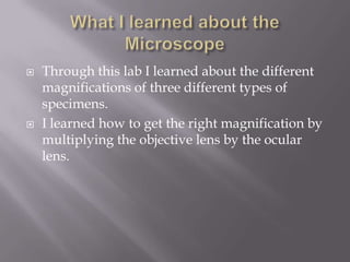 What I learned about the Microscope Through this lab I learned about the different magnifications of three different types of specimens. I learned how to get the right magnification by multiplying the objective lens by the ocular lens. 