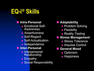 EQ-i Skills
     


   Intra-Personal              Adaptability
      Emotional Self-             Problem Solving
       Awareness                   Flexibility
      Assertiveness               Reality Testing
      Self-Regard              Stress Management
      Self-Actualization          Stress Tolerance
      Independence                Impulse Control
   Inter-Personal              General Mood
      Interpersonal               Optimism
       Relationship                Happiness
      Empathy
      Social Responsibility
 