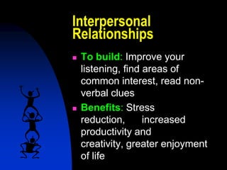 Interpersonal
Relationships
   To build: Improve your
    listening, find areas of
    common interest, read non-
    verbal clues
   Benefits: Stress
    reduction,      increased
    productivity and
    creativity, greater enjoyment
    of life
 
