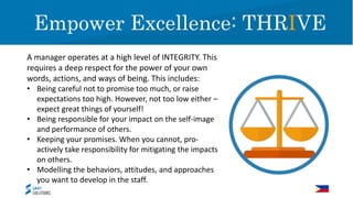 Expect Excellence!Empower Excellence: THRIVE
A manager operates at a high level of INTEGRITY. This
requires a deep respect for the power of your own
words, actions, and ways of being. This includes:
• Being careful not to promise too much, or raise
expectations too high. However, not too low either –
expect great things of yourself!
• Being responsible for your impact on the self-image
and performance of others.
• Keeping your promises. When you cannot, pro-
actively take responsibility for mitigating the impacts
on others.
• Modelling the behaviors, attitudes, and approaches
you want to develop in the staff.
 