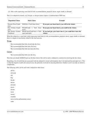 Sentence Correction Guide – Grammar Review 19
(2) After verbs expressing some kind of wish, recommendation, proposal, desire, regret, doubt, or demand.
The if (in subjunctive mood), as if, though, as though clauses express a condition that is NOT true.
Dependent Clause Main Clause Example
Present (True Condi-
tion)
Will/Can + Verb (base form) If you put your heart into it, you will be the winner.
Past (Untrue Condi-
tion)
Would/Could + Verb (base
form)
If you put your heart into it, you could be the winner.
Past Perfect (Untrue
Condition)
Would have/Could have + Verb
(past participle)
If you had put your heart into it, you could have been the
winner.
When the subjective is used after verbs expressing some kind of wish, recommendation, proposal, desire, regret, doubt, or demand,
there is a degree of uncertainty related to the ﬁnal outcome.
Wrong
She recommended that John should take the ferry.
She recommended that John takes the ferry.
She recommended that John had taken the ferry.
Correct
She recommended that John take the ferry.
Note that you should ALWAYS just use the base form of the verb in such a subjunctive construction involving the that clause.
Regarding a list of words that are associated with the subjunctive mood, unfortunately, there’s no hard and fast principle for it. This
is what the linguists would call a lexical issue; the particular word and its meaning determine whether or not it can take an inﬁnitive
complement.
The following verbs can be used with a subjunctive that-clause:
advise
advocate
ask
beg
decide
decree
demand
desire
dictate
insist
intend
mandate
move (in the parliamentary sense)
order
www.manhattanreview.com c 1999 - 2008 Manhattan Review
 