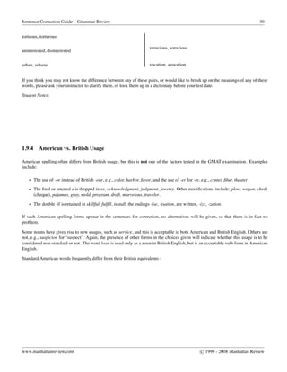 Sentence Correction Guide – Grammar Review 30
tortuous, torturous
uninterested, disinterested
urban, urbane
veracious, voracious
vocation, avocation
If you think you may not know the difference between any of these pairs, or would like to brush up on the meanings of any of these
words, please ask your instructor to clarify them, or look them up in a dictionary before your test date.
Student Notes:
1.9.4 American vs. British Usage
American spelling often differs from British usage, but this is not one of the factors tested in the GMAT examination. Examples
include:
• The use of -or instead of British -our, e.g., color, harbor, favor, and the use of -er for -re, e.g., center, ﬁber, theater.
• The ﬁnal or internal e is dropped in ax, acknowledgment, judgment, jewelry. Other modiﬁcations include: plow, wagon, check
(cheque), pajamas, gray, mold, program, draft, marvelous, traveler.
• The double -ll is retained in skillful, fulﬁll, install; the endings -ise, -isation, are written, -ize, -zation.
If such American spelling forms appear in the sentences for correction, no alternatives will be given, so that there is in fact no
problem.
Some nouns have given rise to new usages, such as service, and this is acceptable in both American and British English. Others are
not, e.g., suspicion for ‘suspect’. Again, the presence of other forms in the choices given will indicate whether this usage is to be
considered non-standard or not. The word loan is used only as a noun in British English, but is an acceptable verb form in American
English.
Standard American words frequently differ from their British equivalents -
www.manhattanreview.com c 1999 - 2008 Manhattan Review
 