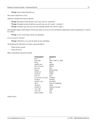 Sentence Correction Guide – Grammar Review 32
Wrong: I don’t think I hurt him any.
The correct expression is at all.
Adjectives should not be used as adverbs:
Wrong: We agreed on the speciﬁcs some; (use some for ‘somewhat’)
Wrong: I thought my plan would sure succeed; (use sure for ‘surely’, ‘certainly’.)
Wrong: I noticed a guy who was real cute standing outside; (use real for ‘really’.)
Non-standard usages would include verbs used as nouns, as in eats or invite (invitation), prepositions used in conjunctions, or without
for ‘unless’:
Wrong: I won’t come along without you apologize.
or on account for ‘because’:
Wrong: I liked him on account he made me toys and things.
All should not be followed by of unless a pronoun follows:
I hate all those people.
I hate all of you!
Other nonstandard expressions include:
Nonstandard Standard
be at be
both alike either ‘both’ or ‘alike’
bring take
equally near equally
have a loan of borrow
have got have
human human being
in back of behind
inside of within
lose out lose
no account, no good worthless
no place nowhere
nowhere near not nearly
off of from or completely
out loud aloud
outside of outside or except
over with ended
over with over
plenty, mighty very
Student Notes:
www.manhattanreview.com c 1999 - 2008 Manhattan Review
 