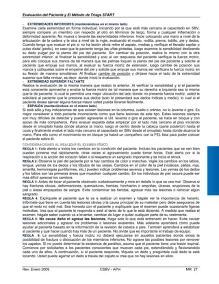 Evaluación del Paciente y El Método de Triage START
− EXTREMIDADES INFERIORES (manteniéndose en el mismo lado)
Examine cada extremidad en forma individual, iniciando por la que está
siempre compare un miembro con respecto al otro en términos de larg
deformidad aparente. No mueva o levante las extremidades inferiores. Inici
articulación de la cadera y la otra a nivel de la ingle, evaluando el muslo,
Cuando tenga que evaluar el pie si no ha lesión obvia retire el zapato, m
pulso distal (pedio), en caso que le paciente tenga las uñas pintadas, lueg
su dedo pulgar por la planta del pie del paciente. Sin cambiar de posi
extremidad inferior, al finalizar la sensibilidad y solo al ver respuesta del
para ello coloque sus manos de tal manera que las palmas toquen la pla
paciente que empuje sus manos, al evaluar su fuerza motriz de extens
manos y colóquelas sobre el empeine del pie y solicite que empuje sus ma
su flexión de manera simultánea. Al finalizar cambie de posición y diríj
superior que falta revisar, es decir, donde inició la evaluación.
− EXTREMIDAD SUPERIOR FALTANTE
Realice la evaluación de la misma manera que realizo la anterior. Al veri
esta consciente aproveche y evalúe la fuerza motriz de tal manera que s
que la de paciente, lo cual le permitirá una mejor ubicación del lado donde
solicitará al paciente que le presione sus dedos (solo le presentará sus d
paciente desea ejercer alguna fuerza mayor usted pueda librarse fácilment
− ESPALDA (manteniéndose en el mismo lado)
Si está sólo y hay indicaciones de que existen lesiones en la columna, cuel
mejor considerar a todo paciente inconsciente como que tiene lesiones d
son muy difíciles de detectar y pueden agravarse si Ud. levanta o gira al
apoyo de más compañeros. Para evaluar espalda debe empezar por el
desde el omoplato hasta donde alcance la mano, luego el centro desde l
coxis y finalmente evalué el lado más cercano al capacitado en SBV desde
mano. Para ello como el movimiento es en bloque ya habrá un compañero
al paciente sobre él.
CCOONNSISIDDERERAACCIIOONNEESS AALL RREEAALLIIZZAARR EELL EEXXAAMMEENN FFÍÍSSIICCOO
más cercana al capacitado en SBV,
o, forma y cualquier inflamación o
e colocando una mano a nivel de la
rodilla, pierna, tobillo, pie y dedos.
edias y verifique el llenado capilar o
o examine la sensibilidad deslizando
ción, realice lo mismo con la otra
paciente verifique la fuerza motriz,
nta del pie del paciente y solicite al
ión, luego cambie de posición sus
nos así verificara la fuerza motriz en
ase hacia el lado de la extremidad
ficar la sensibilidad y si el paciente
u derecha e izquierda sea la misma
no presenta fuerza motriz, usted le
edos índices y medio), lo cual si el
e.
lo o cráneo, no lo levante o gire. Es
e este tipo. Estas lesiones siempre
paciente, se hace en bloque y con
lado más cercano al piso iniciando
a cabeza (parte posterior) hasta el
el omoplato hasta donde alcance la
con la FEL lista para poder colocar
REGLA 1: Esté atento a todos los cambios en la condición del paciente. Incluso los pacientes que se ven bien
pueden ponerse mal rápidamente, otras veces el agravamiento puede tomar horas. Esté alerta por si la
respiración o la acción del corazón fallan o si reaparece un sangrado importante y se inicia el shock.
REGLA 2: Observe la piel del paciente por si hay cambios de color o manchas. Vigile los cambios en los labios,
lengua, yemas de los dedos y los lóbulos de las orejas. Cambios en el color de la piel (violácea, pálida, roja,
amarilla, hemorragias puntiformes, etc.) pueden indicar problemas severos y lesiones. Las yemas de los dedos
y los labios son las primeras áreas que muestran cualquier cambio. En los individuos de piel oscura puede ser
más difícil apreciar los cambios.
REGLA 3: Antes de tocar al paciente obsérvelo cuidadosamente y mire en detalle lo que se vea mal. Observe si
hay fracturas obvias, deformaciones, quemaduras, heridas, hinchazón o ampollas, úlceras, erupciones de la
piel o áreas empapadas de sangre. Evite contaminar las heridas, agravar más las lesiones o reiniciar algún
sangrado.
REGLA 4: Explíquele al paciente que le va a realizar un examen y hágale ver la importancia de hacerlo.
Infórmele que tiene en cuenta las lesiones obvias o la causa principal de su malestar pero debe asegurarse de
que el resto no esté mal. Sea honesto con el paciente y explíquele que el examen puede ocasionarle ligeras
molestias. Vea que el paciente le responda o esté al tanto de lo que le está diciendo. A medida que realiza el
examen, hágale saber cuándo va a levantar, cambiar de lugar o quitar cualquier parte de su vestimenta.
REGLA 5: No cause daño ni agrave las lesiones. Haga solo lo que está entrenado en hacer. Evite causar
lesiones adicionales y agravar los problemas o lesiones existentes. Más adelante aprenderá cómo puede
ay dar al paciente basado en la información de la revisión de cabeza a pies. También aprenderá a estabilizaru
al paciente y qué hacer cuando hay más de un paciente. No olvide que es importante el trabajo de equipo.
REGLA 6: La sensibilidad y fuerza motriz no deberá ejecutarse en aquellos pacientes donde exista la
posibilidad de fractura o dislocación de los miembros inferiores. No agrave las posibles lesiones por remover
los zapatos. Si no puede determinar la existencia de parálisis, asuma que el paciente tiene una lesión espinal.
Comience por solicitarles a los pacientes conscientes que muevan cada pie, extendiéndolo y flexionándolo
cada uno de ellos. A continuación, si el paciente responde, tóquele un dedo y pregúntele cuál dedo le está
tocando. Usted puede agarrar un dedo a través del zapato si cree que no hay lesiones en ellos.
Rev. Enero 2009 CSBV - APH MR 27
 