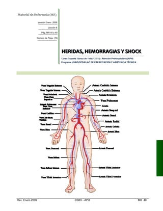 MMaatteerriiaall  ddee  RReeffeerreenncciiaa  ((MMRR))  
Versión Enero 2009 

Lección 6 

Pág. MR 40 a 49

Número de Págs. (10)
HERIDAS, HEMORRAGIAS Y SHOCK 
 HHEERRIIDDAASS,,  HHEEMMOORRRRAAGGIIAASS  YY  SSHHOOCCKK    
CursoC SoS porte Básico deB VVida (CCSSBBVV) - Atención Prehospitalaria (APH)
Programa USAID/OFDA/LAC DE CAPACITACIÓN Y ASISTENCIA TÉCNICA
PRINCIPALES VENAS Y ARTERIAS DEL CUERPO HUMANO 

Rev. Enero 2009 CSBV - APH MR 40 

 