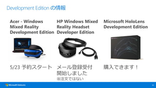 62
Development Edition 
Acer - Windows
Mixed Reality
Development Edition
HP Windows Mixed
Reality Headset
Developer Edition
Microsoft HoloLens
Development Edition
5/23 s` `hܸ
_ʼޤ
עĤǤϤʤ
ُǤޤ
 