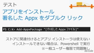 ストアに関連付けるとアプリ インストーラは使えない
インストールできない場合は、Powershell で実行
※一般ユーザー権限で問題無し
PS C:¥> Add-AppxPackage "[作成した Appx ファイル]"
 