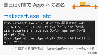 -n に指定する開発者は、AppxManifest.xml と一致させる
C:¥> MakeCert.exe -r -h 0 -n "CN=開発者名" -eku
1.3.6.1.5.5.7.3.3 -pe -sv pvk ファイル cer ファイル
C:¥> pvk2pfx.exe -pvk pvk ファイル -spc cer ファイル -
pfx pfx ファイル
C:¥> signtool.exe sign -f pfx ファイル -fd SHA256 -v
appx ファイル
 