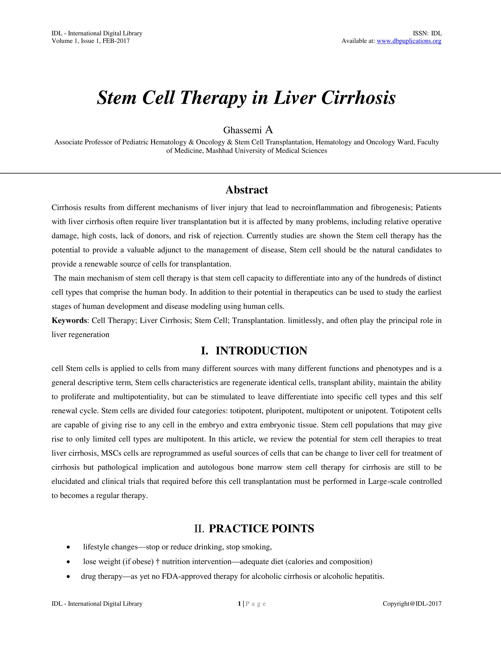 Stem Cell Therapy in Liver Cirrhosis | PDF