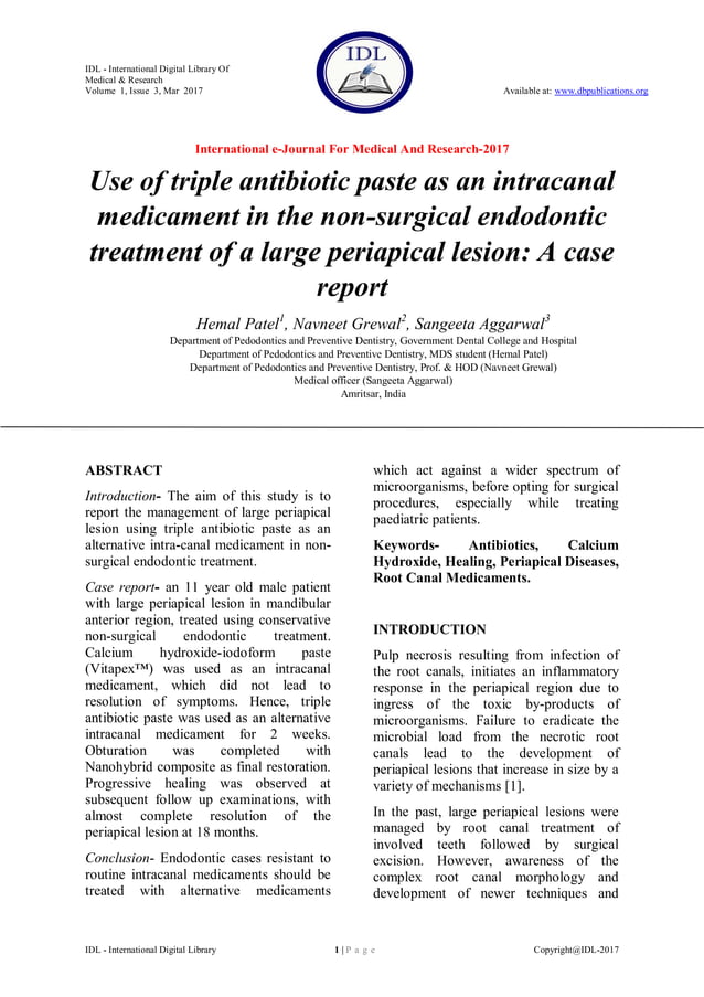 Use of triple antibiotic paste as an intracanal medicament in the non