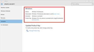 Windows
Update Product Key
To install a new product key, select change product key.
Change Product Key
Edition
Subscription
Activation
Product Key
Windows 10 Enterprise
Windows 10 Enterprise subscription is active Learn more
Windows is activated
Windows 10 on this device is activated with a digital entitlement
Get more info
 