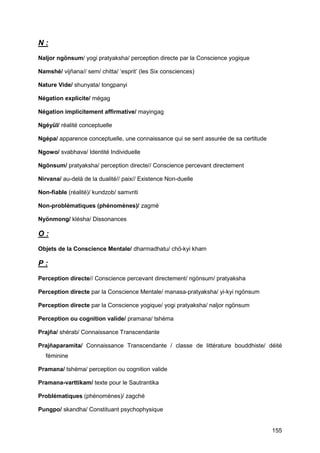 155
N :
Naljor ngönsum/ yogi pratyaksha/ perception directe par la Conscience yogique
Namshé/ vijñana// sem/ chitta/ ‘esprit’ (les Six consciences)
Nature Vide/ shunyata/ tongpanyi
Négation explicite/ mégag
Négation implicitement affirmative/ mayingag
Ngéyül/ réalité conceptuelle
Ngépa/ apparence conceptuelle, une connaissance qui se sent assurée de sa certitude
Ngowo/ svabhava/ Identité Individuelle
Ngönsum/ pratyaksha/ perception directe// Conscience percevant directement
Nirvana/ au-delà de la dualité// paix// Existence Non-duelle
Non-fiable (réalité)/ kundzob/ samvriti
Non-problématiques (phénomènes)/ zagmé
Nyönmong/ klésha/ Dissonances
O :
Objets de la Conscience Mentale/ dharmadhatu/ chö-kyi kham
P :
Perception directe// Conscience percevant directement/ ngönsum/ pratyaksha
Perception directe par la Conscience Mentale/ manasa-pratyaksha/ yi-kyi ngönsum
Perception directe par la Conscience yogique/ yogi pratyaksha/ naljor ngönsum
Perception ou cognition valide/ pramana/ tshéma
Prajña/ shérab/ Connaissance Transcendante
Prajñaparamita/ Connaissance Transcendante / classe de littérature bouddhiste/ déité
féminine
Pramana/ tshéma/ perception ou cognition valide
Pramana-varttikam/ texte pour le Sautrantika
Problématiques (phénomènes)/ zagché
Pungpo/ skandha/ Constituant psychophysique
 