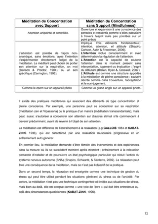 72
Méditation de Concentration
avec Support
Méditation de Concentration
sans Support (Mindfulness)
Attention unipointé et contrôlée.
Ouverture et expansion à une conscience des
pensées et ressentis comme s’elles passaient
à travers l’esprit mais pas pointées sur un
point précis
L’attention est pointée de façon non-
analytique, sans émotions, avec l’intention
d’expérimenter directement l’objet de la
méditation. Le méditant peut choisir de porter
son attention sur la respiration, un mot
(Benson & Proctor, 1984), ou un son
spécifique (Carrington, 1998).
Implique trois éléments fondamentaux :
intention, attention, et attitude (Shapiro,
Carlson, Astin & Freedman, 2006).
L’Intention inclue consciemment et avec
détermination la régulation de l’attention.
L’Attention est la capacité de soutenir
l’attention dans le moment présent sans
interprétation, jugement ou évaluation : l’esprit
du débutant (Brown, Ryan &, Creswell, 2007).
L’Attitude est comme une structure apportée
à la méditation de pleine conscience : souvent
décrite comme dans l’ouverture, l’acceptation
et le non-jugement.
Comme le zoom sur un appareil photo Comme un grand angle sur un appareil photo
Il existe des pratiques méditatives qui associent des éléments de type concentration et
pleine conscience. Par exemple, une personne peut se concentrer sur sa respiration
(méditation zen et Vipassana) ou la pratique d’un mantra (méditation transcendantale), mais
peut, aussi, s’autoriser à concentrer son attention sur d’autres stimuli s’ils commencent à
devenir prédominant, avant de revenir à l’objet de son attention.
La méditation est différente de l’entraînement à la relaxation (e.g GALLOIS 1984 et KABAT-
ZINN, 1996), qui est caractérisé par une relaxation musculaire progressive et un
entraînement auto générer.
En premier lieu, la méditation demande d’être témoin des événements et des expériences
dans la mesure où ils se succèdent moment après moment ; entraînement à la relaxation
demande d’installer et de poursuivre un état psychologique particulier qui réduit l’action du
système nerveux autonome (SNA) (Shapiro, Schwartz, & Santerre, 2002). La relaxation peut
être une conséquence de la méditation, mais ce n’est pas l’objectif de la pratique.
Dans un second temps, la relaxation est enseignée comme une technique de gestion du
stress qui peut être utilisé pendant les situations générant du stress ou de l’anxiété. Par
contre, la méditation n’est pas une technique contingentée et limitée aux situations de stress,
mais bien au-delà, elle est conçue comme « une voie de l’être » qui doit être entretenue au-
delà des circonstances quotidiennes (KABAT-ZINN, 1996).
 