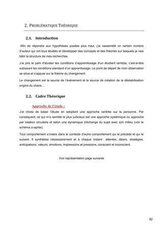 82
2. PROBLÉMATIQUE THÉORIQUE
2.1. Introduction
Afin de répondre aux hypothèses posées plus haut, j’ai rassemblé un certain nombre
d’auteur qui ont tous étudiés et développer des concepts et des théories sur lesquels je vais
bâtir la structure de mes recherches.
J’ai pris le parti d’étudier les conditions d’apprentissage d’un étudiant lambda, c’est-à-dire
subissant les conditions standard d’un apprentissage. Le point de départ de mon observation
se situe et s’appuie sur la théorie du changement.
Le changement est la source de l’événement et la source de création de la déstabilisation
origine du chaos…
2.2. Cadre Théorique
Approche de l’étude :
J’ai choisi de baser l’étude en adoptant une approche centrée sur la personne. Par
conséquent, ce qui m’a semblé le plus judicieux est une approche systémique ou approche
par relation circulaire et selon une dynamique d’échange du sujet avec son milieu (voir le
schéma ci-après).
Tout comportement s’insère dans le contexte d’autre comportement qui le précède et qui le
suivent. Il synthétise nécessairement et à chaque instant : attentes, désirs, stratégies,
anticipations, valeurs, émotions, impressions et pressions, conscient et inconscient.
Voir représentation page suivante
 