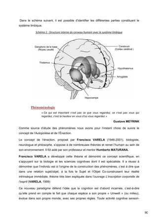 90
Dans le schéma suivant, il est possible d’identifier les différentes parties constituant le
système limbique.
Schéma 1 : Structure interne du cerveau humain avec le système limbique
Phénoménologie
« Ce qui est important n’est pas ce que vous regardez, ce n’est pas vous qui
regardez, c’est la hauteur en vous d’où vous regardez »
Gustave MEYRINK
Comme source d’étude des phénomènes nous avons pour l’instant choisi de suivre le
concept de l’Autopoïèse et de l’Énaction.
Le concept de l’énaction, proposé par Francisco VARELA (1946-2001), biologiste,
neurologue et philosophe, s’oppose à de nombreuses théories et remet l’humain au sein de
son environnement. Il fût aidé par son professeur et mentor Humberto MATURANA.
Francisco VARELA a développé cette théorie et démontré ce concept scientifique, en
s’appuyant sur la biologie et les sciences cognitives dont il est spécialiste. Il a réussi à
démontrer que l’individu est à l’origine de la construction des phénomènes, c’est à dire que
dans une relation sujet/objet, à la fois le Sujet et l’Objet Co-construisent leur réalité
intrinsèque immédiate, théorie très bien expliquée dans l’ouvrage L’inscription corporelle de
l’esprit (VARELA, 1999)
Ce nouveau paradigme défend l’idée que la cognition est d’abord incarnée, c’est-à-dire
qu’elle prend en compte le fait que chaque espèce a son propre « Umwelt » (ou milieu),
évolue dans son propre monde, avec ses propres règles. Toute activité cognitive sensori-
 