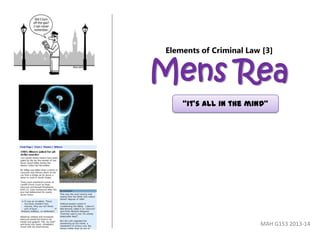 Elements of Criminal Law [3]
Mens Rea
MAH G153 2013-14
“it’s all in the mind”
 