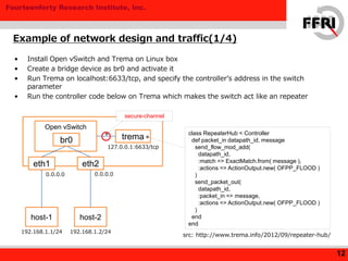 Fourteenforty Research Institute, Inc.
• Install Open vSwitch and Trema on Linux box
• Create a bridge device as br0 and activate it
• Run Trema on localhost:6633/tcp, and specify the controller’s address in the switch
parameter
• Run the controller code below on Trema which makes the switch act like an repeater
Example of network design and traffic(1/4)
12
eth2eth1
host-1 host-2
trema
0.0.0.00.0.0.0
192.168.1.2/24192.168.1.1/24
127.0.0.1:6633/tcp
src: http://www.trema.info/2012/09/repeater-hub/
class RepeaterHub < Controller
def packet_in datapath_id, message
send_flow_mod_add(
datapath_id,
:match => ExactMatch.from( message ),
:actions => ActionOutput.new( OFPP_FLOOD )
)
send_packet_out(
datapath_id,
:packet_in => message,
:actions => ActionOutput.new( OFPP_FLOOD )
)
end
end
Open vSwitch
br0
secure-channel
 