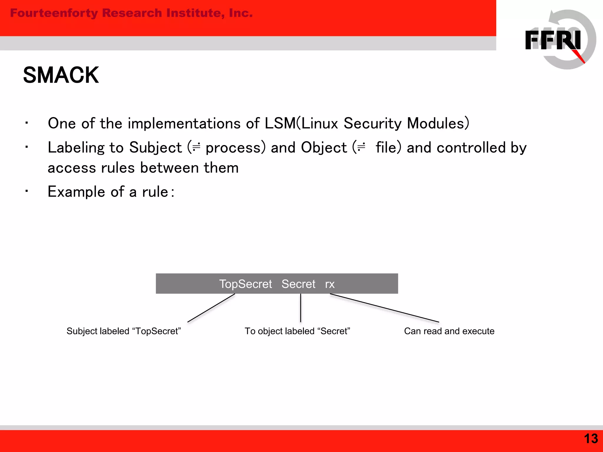 Fourteenforty Research Institute, Inc.
• One of the implementations of LSM(Linux Security Modules)
• Labeling to Subject (≓ process) and Object (≓ file) and controlled by
access rules between them
• Example of a rule：
SMACK
13
Subject labeled “TopSecret”
TopSecret Secret rx
To object labeled “Secret” Can read and execute
 
