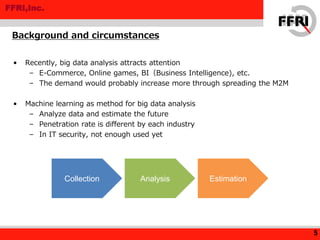 FFRI,Inc.
• Recently, big data analysis attracts attention
– E-Commerce, Online games, BI（Business Intelligence), etc.
– The demand would probably increase more through spreading the M2M
• Machine learning as method for big data analysis
– Analyze data and estimate the future
– Penetration rate is different by each industry
– In IT security, not enough used yet
Background and circumstances
5
Collection Analysis Estimation
 
