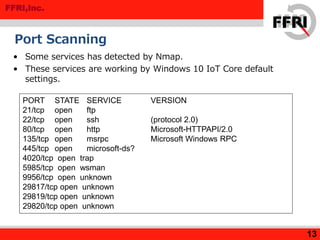 FFRI,Inc.
Port Scanning
• Some services has detected by Nmap.
• These services are working by Windows 10 IoT Core default
settings.
13
PORT STATE SERVICE VERSION
21/tcp open ftp
22/tcp open ssh (protocol 2.0)
80/tcp open http Microsoft-HTTPAPI/2.0
135/tcp open msrpc Microsoft Windows RPC
445/tcp open microsoft-ds?
4020/tcp open trap
5985/tcp open wsman
9956/tcp open unknown
29817/tcp open unknown
29819/tcp open unknown
29820/tcp open unknown
 