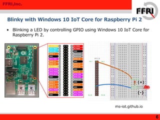 FFRI,Inc.
Blinky with Windows 10 IoT Core for Raspberry Pi 2
6
• Blinking a LED by controlling GPIO using Windows 10 IoT Core for
Raspberry Pi 2.
ms-iot.github.io
(+)
(-)
 