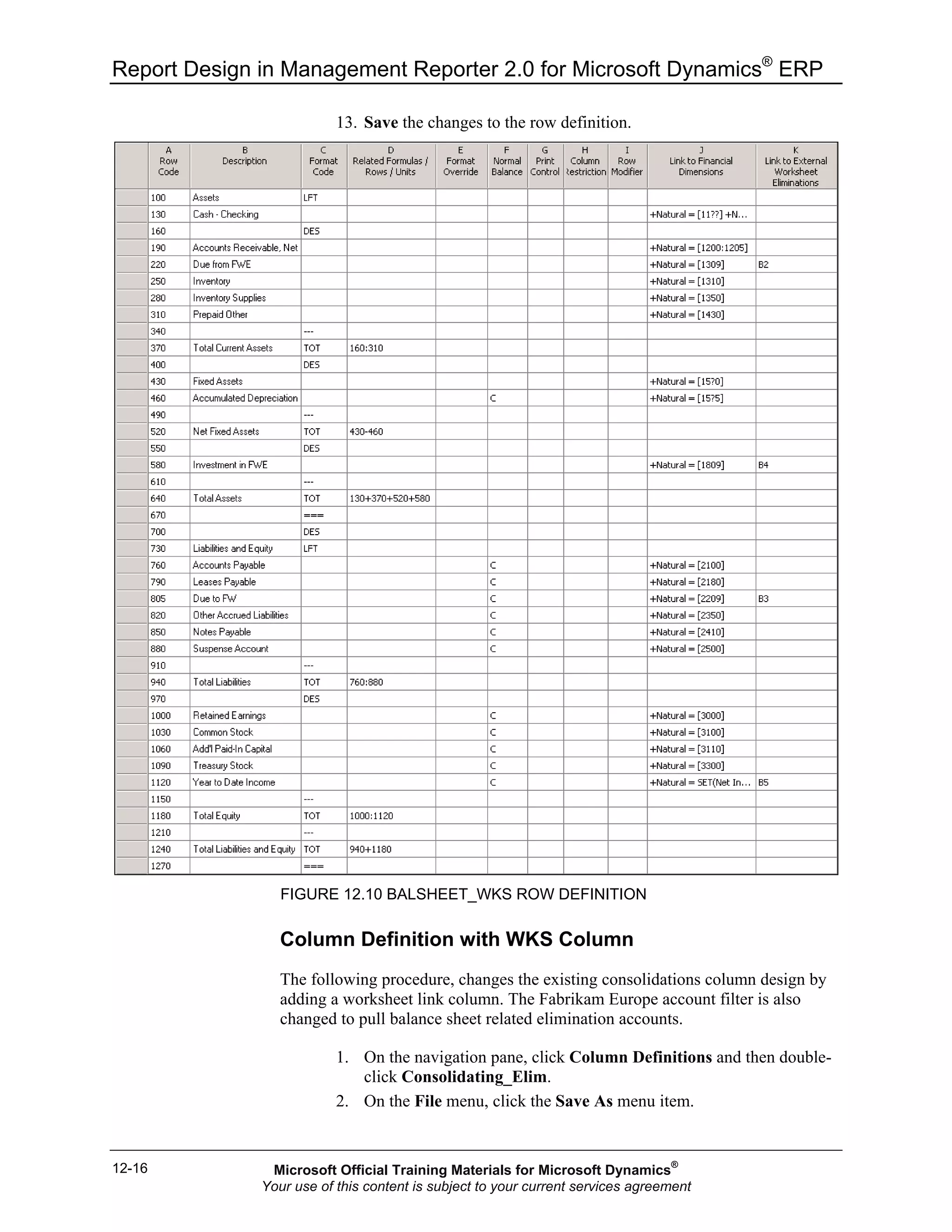 Report Design in Management Reporter 2.0 for Microsoft Dynamics®
ERP
12-16
13. Save the changes to the row definition.
FIGURE 12.10 BALSHEET_WKS ROW DEFINITION
Column Definition with WKS Column
The following procedure, changes the existing consolidations column design by
adding a worksheet link column. The Fabrikam Europe account filter is also
changed to pull balance sheet related elimination accounts.
1. On the navigation pane, click Column Definitions and then double-
click Consolidating_Elim.
2. On the File menu, click the Save As menu item.
Microsoft Official Training Materials for Microsoft Dynamics®
Your use of this content is subject to your current services agreement
 